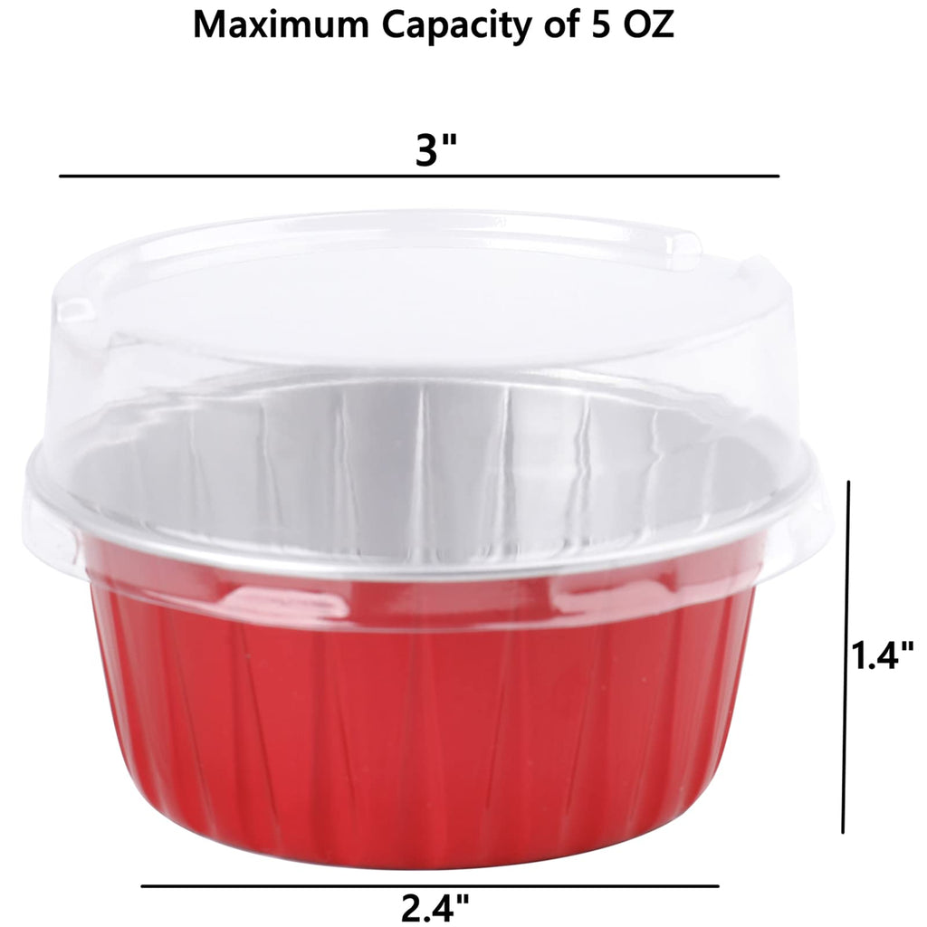 DEAYOU 100 Pieces Aluminum Foil Baking Cups with Lids, 5oz Disposable Ramekins Muffin Cups, 3" Cupcake Foil Liners Tart Pie Tin Pan Holder for Pudding, Souffle, Party, Wedding, Red Color