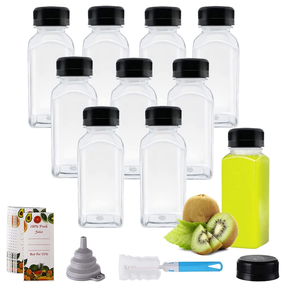 10 PCS 8 Ounce Empty Plastic Juice Bottles with Black Tamper Evident Lids, Clear Reusable Containers with Label, Funnel and Brush, Suitable for Juice, Milk, Smoothie and Homemade Beverages