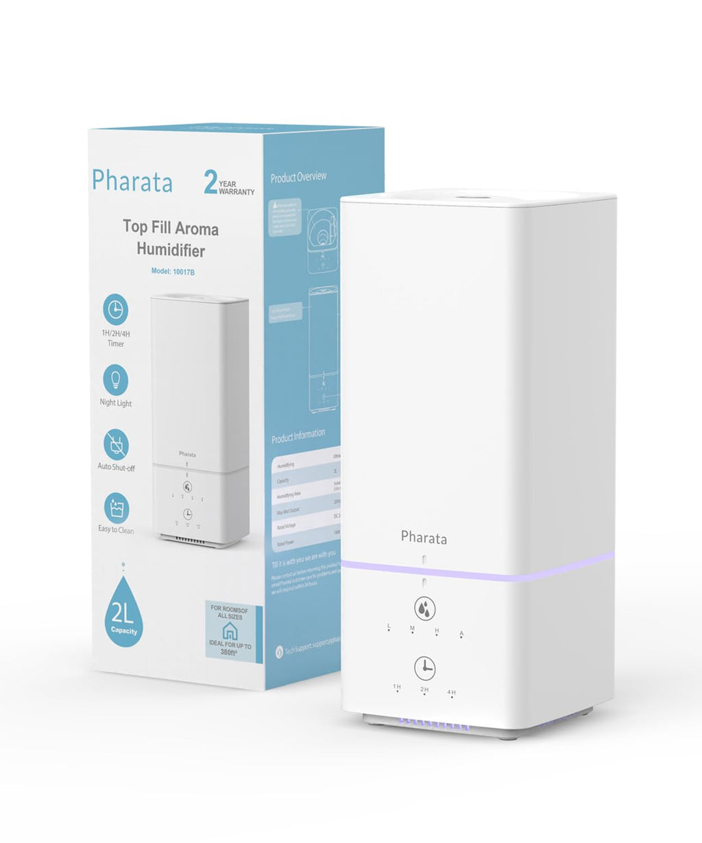 Pharata Humidifiers for Bedroom Home Baby, 2L Top Fill Cool Mist Air Humidifier with 7 Color Atmosphere Light, Small Ultrasonic Quiet Humidifier for Nursery & Plants, (White)