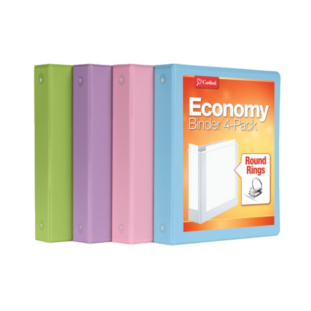 Cardinal Binders, 3-Ring, 1.5 Inch, Assorted Pastel Colors 4-Pack, Holds 350 Sheets, Customizable ClearVue Covers, Non-Stick Material, for School, Office or Home Organization