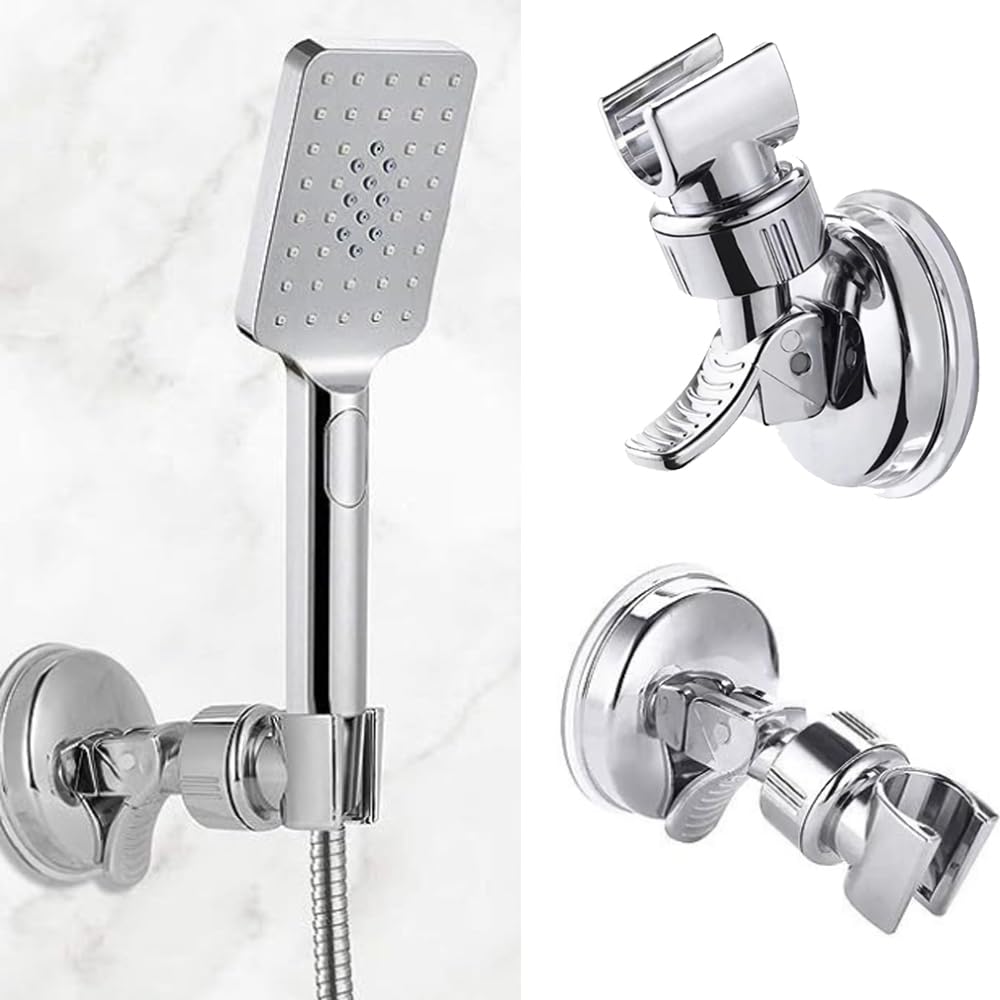 2Pack Adjustable Shower Head Holder,Wall Mounted Suction Cup Stand Removable Suction Cup Handheld Shower Head Bracket No Drill Shower Head Bracket with Chrome Polished for Bathroom