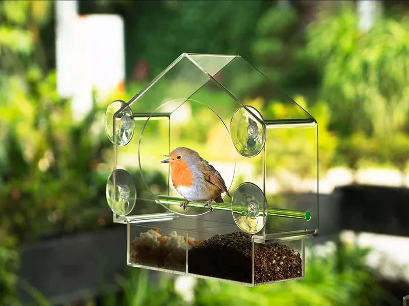 Window Bird-Feeder Birdfeeders-House Crystal Clear-Acrylic - with Strong Suction Cups and Sliding Seed Tray with Drain Drainage Holes