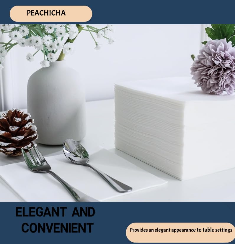 PEACHICHA Cocktail Napkin,Disposable Beverage Bar Napkins Cloth-Like Paper Napkins, Linen-Feel Great for Wedding, Party,Or Everyday Use, 20 x 20cm (100 Count, White)