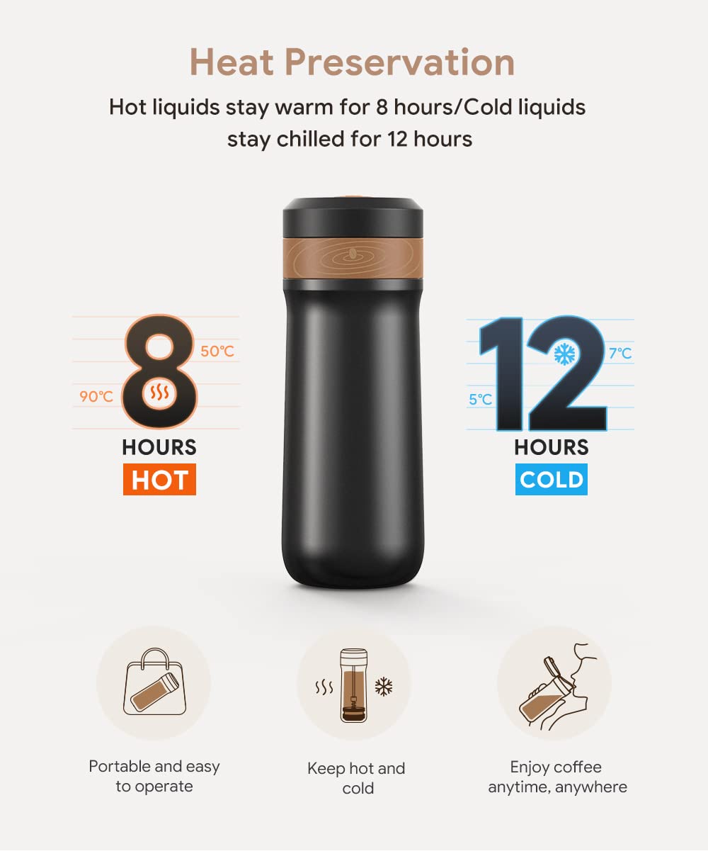 HAILASRE Portable French Press Coffee Maker Travel French Coffee Maker Stainless Steel Coffee Mug 12 oz Double Mesh Filter Great for Camping and Traveling