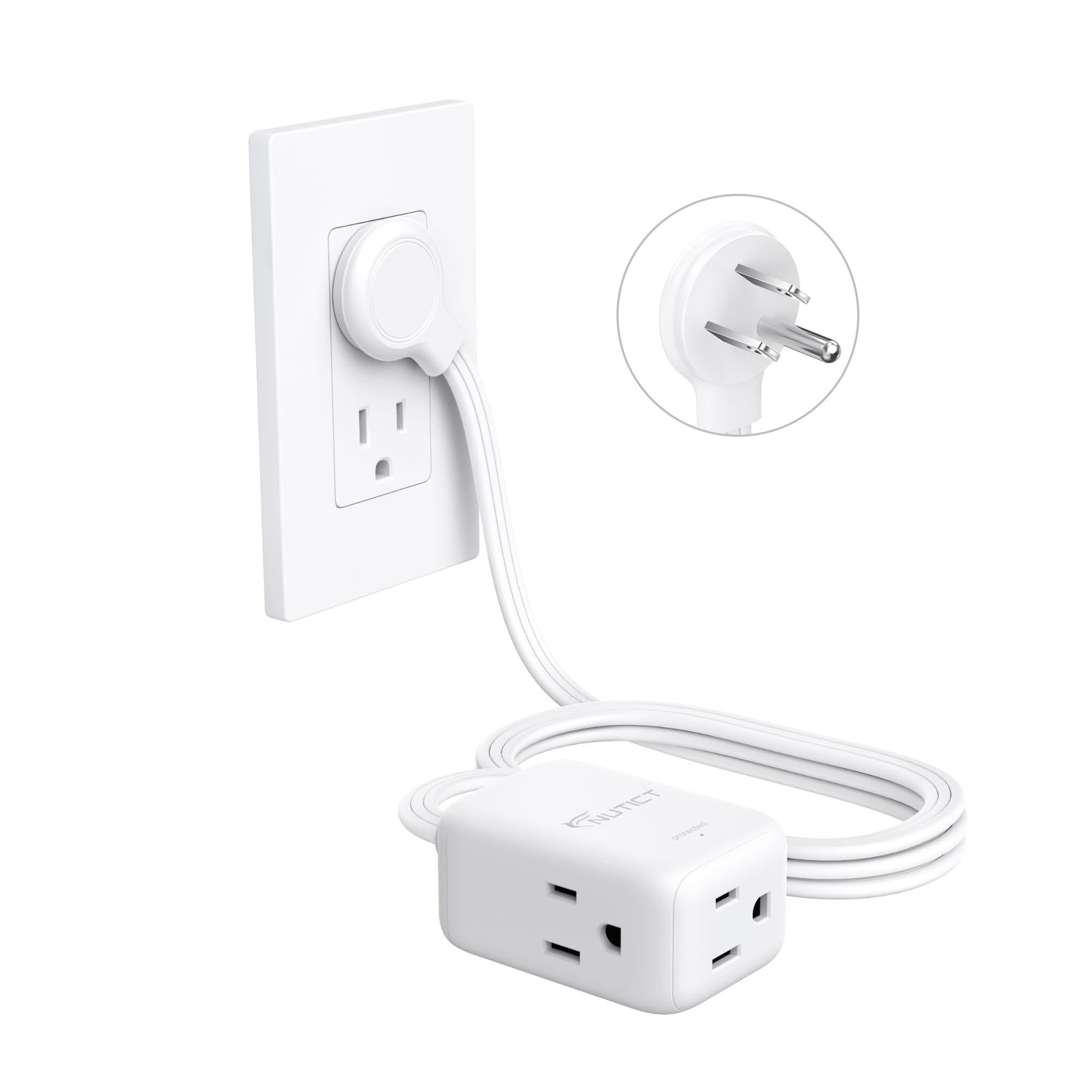 Flat Extension Cord 6ft, ETL Listed, NUTICT Indoor 3 Prong Cord Extension, 900J Surge Protector, 13A/1625W, Low Profile Right Angle Wall Plug, 3 Way Flat Outlet Extender for Kitchen Home Office, White
