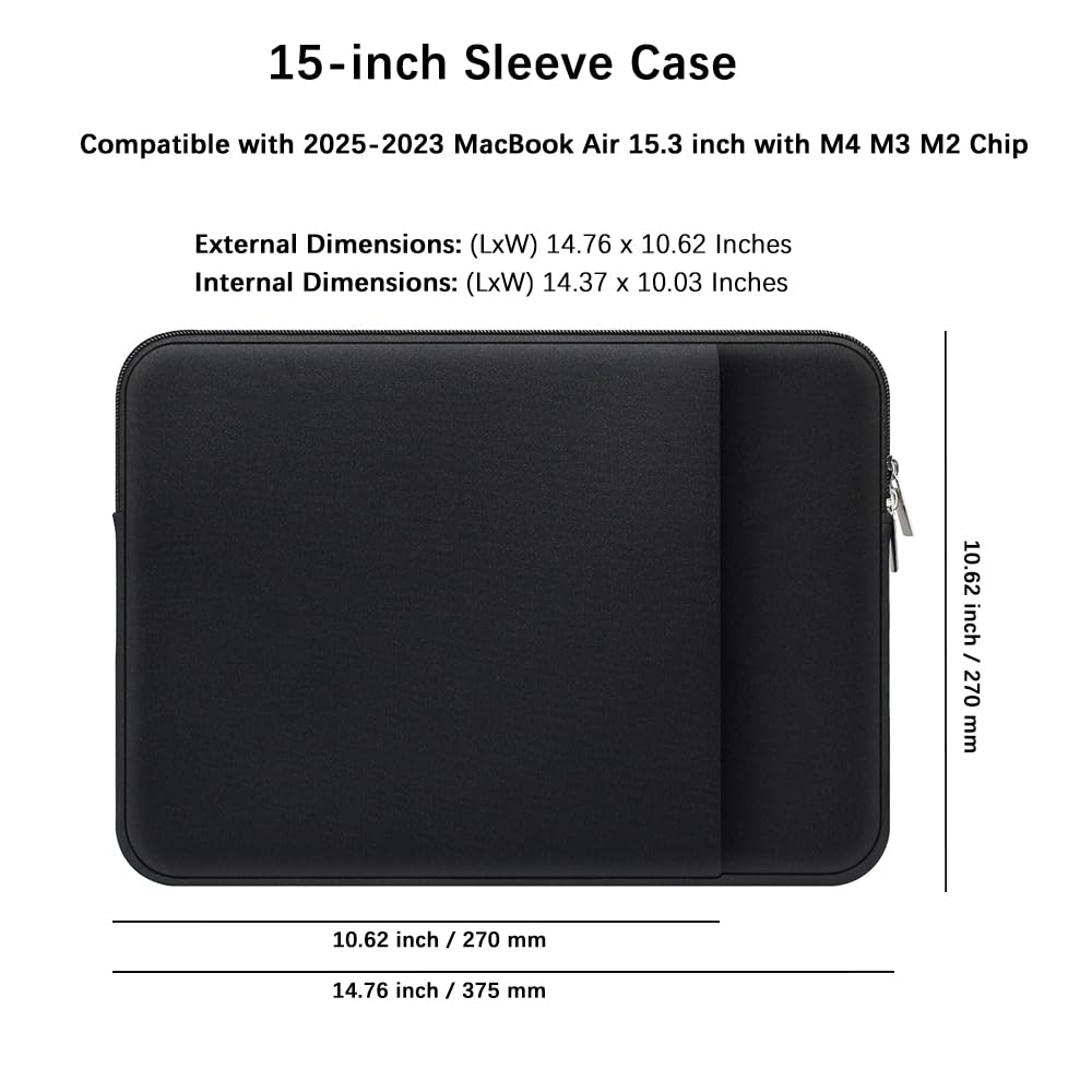 15 Inch Laptop Sleeve Case for MacBook Air 15.3 inches M5-M2 Chip (2026-2023) A3448 A3241 A3114 A2941 Soft Memory Foam Portable Carrying Travel Velure Lining Accessories (Black)
