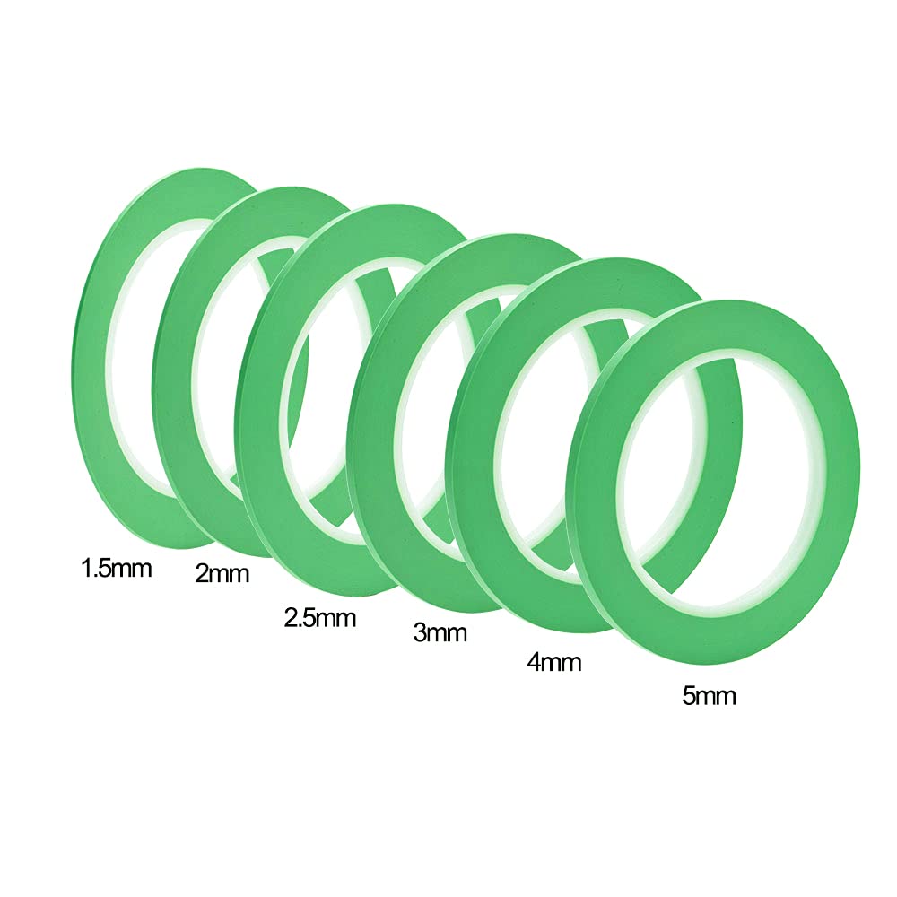 Mix 6Rolls High-Temp Vinyl Fine Line Masking Tape Automotive Paint for Curves Green 1.5mm 2mm 2.5mm 3mm 4mm 5mm