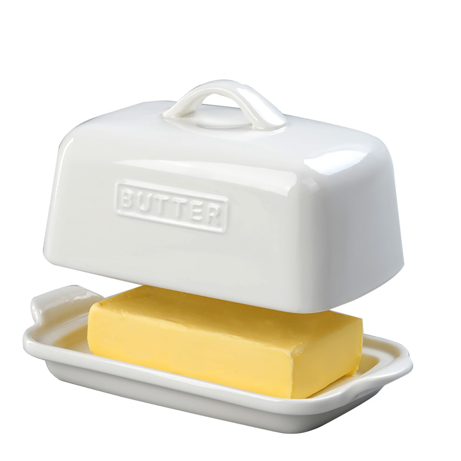 Large Butter Dish for 1 lb Block of Canadian Butter, Porcelain Butter Keeper Fit a Full Pound Block of Butter, Butter Container for an Entire Pound Butter, ADIVEE, Color-White.