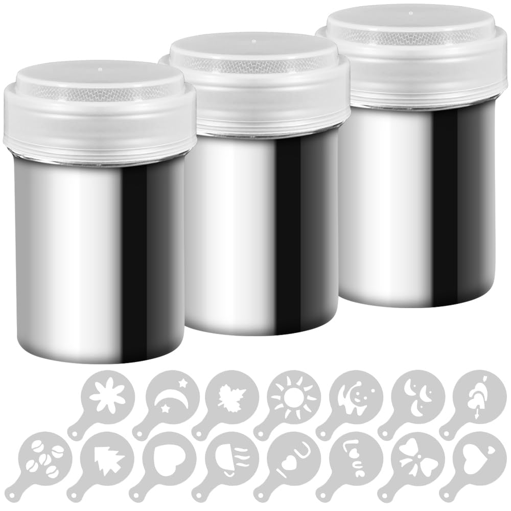 3 Pack Stainless Steel Powder Shaker, Coffee Cocoa Dredges with Fine-Mesh Lid, AIFUDA Power Can for Cooking Home Restaurant with 16 Pcs Printing Molds Stencils