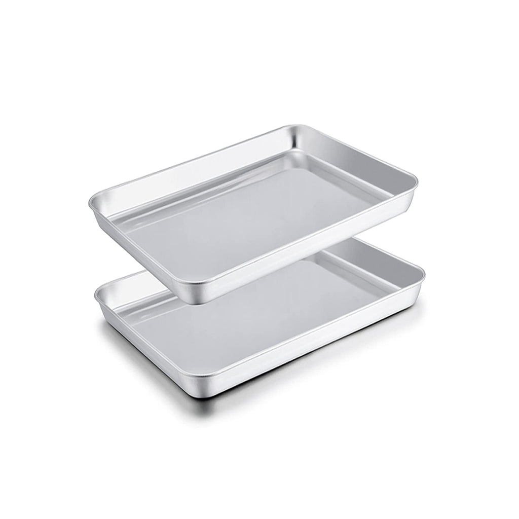 TeamFar- Toaster Oven Pans, 9.3'' X 7'' X 1'' Stainless Steel Compact Toaster Oven Tray Ovenware, Healthy & Durable, Roll Edge & Mirror Finish, Easy Clean & Dishwasher Safe 2 Pcs