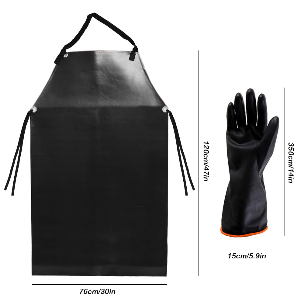 Waterproof Rubber Vinyl Apron & Heavy Duty Latex Gloves, DaKuan Ultra Lightweight Resist Strong Acid, Alkali and Oil Apron & Gloves Best for Staying Dry When Dishwashing, Lab Work, Butcher