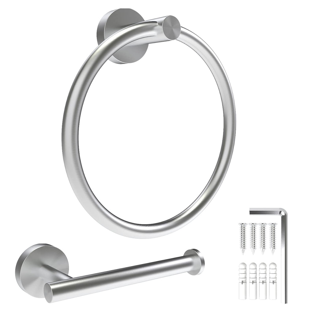 AUHSSAN Toilet Paper Holder and Towel Ring, 2Pcs Bathroom Accessories Hardware Set Wall Mounted Hand Towel Holder Thicken SUS 304 Stainless Steel Brushed Nickel