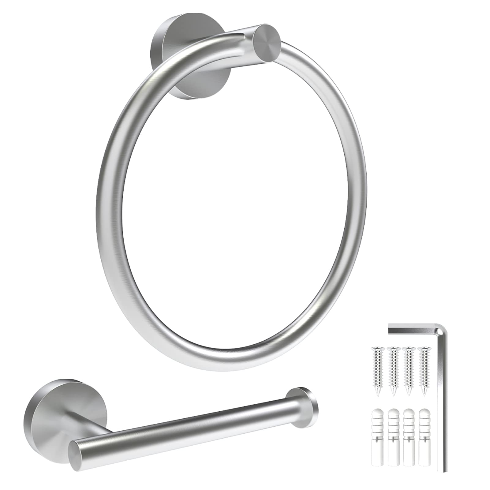 AUHSSAN Toilet Paper Holder and Towel Ring, 2Pcs Bathroom Accessories Hardware Set Wall Mounted Hand Towel Holder Thicken SUS 304 Stainless Steel Brushed Nickel