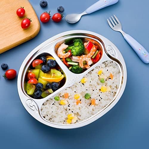 SOUJOY 4 Pack Stainless Steel Divided Plate, 3 Sections Diet Control Dinner Plate, Unbreakable Monkey Shape Compact Food Serving Tray for Kids, Picky Eaters, Campers