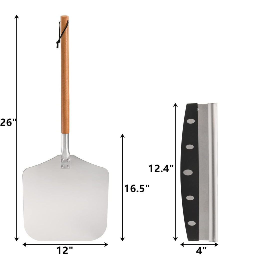 Peohud Aluminum Pizza Peel Paddle and Cutter,12" x 26" Pizza Spatula with Detachable Wooden Handle, Pizza Oven Accessories and Tools for Baking Pizza Breads, Dough, Bread, Pastry