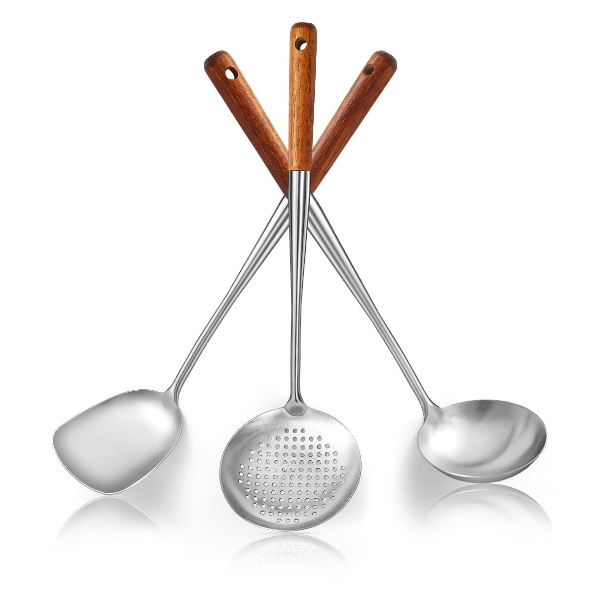 Evanda Wok Spatula Set 43cm, Heat Resistant Wood Handle Stainless Steel Wok Tools, Ladle, Metal Spatula, Kitchen Skimmer, Professional Kitchen Cooking Utensils Set, Wok Accessories Dishwasher Safe