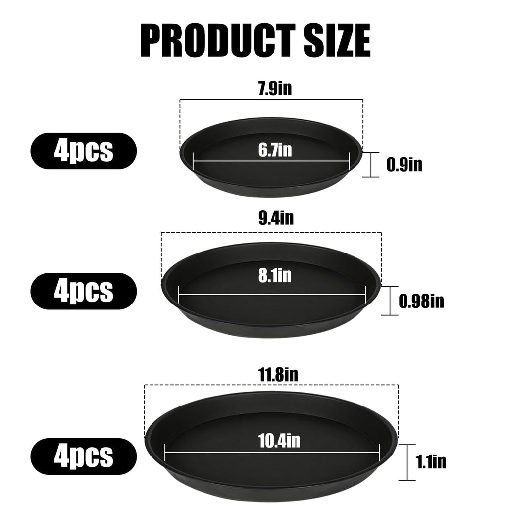 Hyuetrsa 12 Pack Plastic Plant Tray, 8/10/12 Inch Plant Pot Saucers, Black Plant Saucer, Black Flower Pot Container, Plant Pot Saucers for Indoor and Outdoor, 3 Sizes