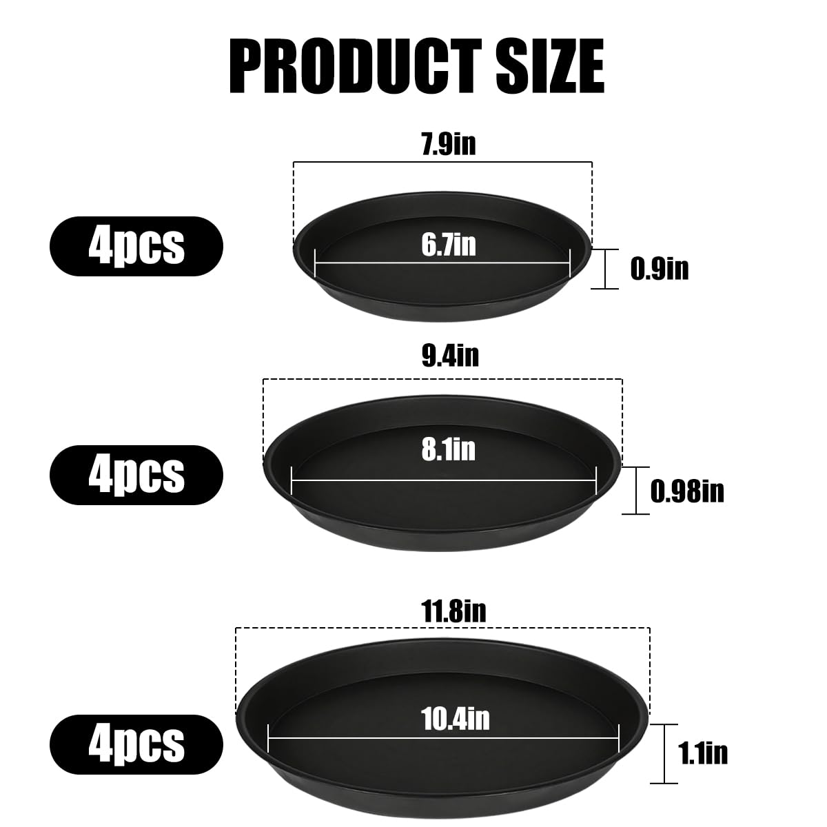 Hyuetrsa 12 Pack Plastic Plant Tray, 8/10/12 Inch Plant Pot Saucers, Black Plant Saucer, Black Flower Pot Container, Plant Pot Saucers for Indoor and Outdoor, 3 Sizes
