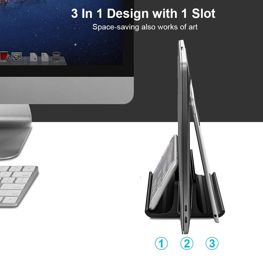 VAYDEER Vertical Laptop Stand Holder Adjustable Desktop Notebook Dock Space-Saving Three-in-one for All MacBook Pro Air, Mac,HP, Dell, Microsoft Surface,Lenovo, up to 17.3 inch Black