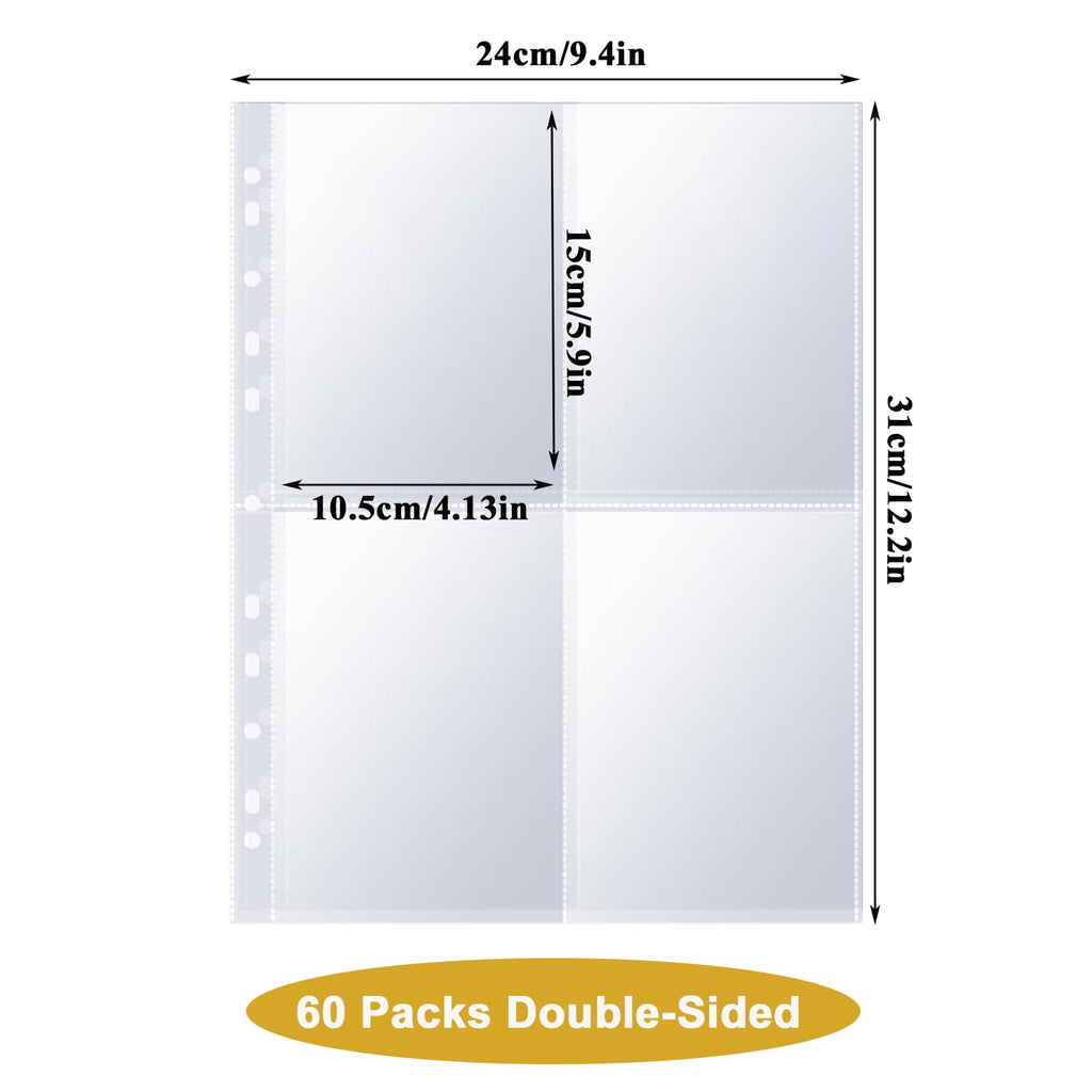 Toionmm 60 Pack Photo Album Refill Pages, 480 Pocket Photos Sleeves for 2/3/4 Ring Binder, Double-Sided 4 Pocket Photo Sheet Protector, Ultra-Clear PP Postcard Sleeves