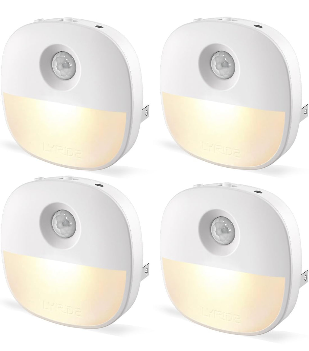 Lyridz Motion Sensor Night Light Plug in, [4 Pack] 2-in-1 Auto Modes (Motion Activated + Dusk to Dawn), 1-50LM Dimmable Veilleuse, 2700K Warm White for Stairs, Hallway, Bathroom - Ultra Slim