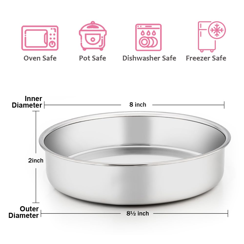 8 Inch Cake Pan Set of 3, E-far Stainless Steel Round Layer Cake Baking Pans, Non-Toxic & Healthy, Mirror Finish & Dishwasher Safe
