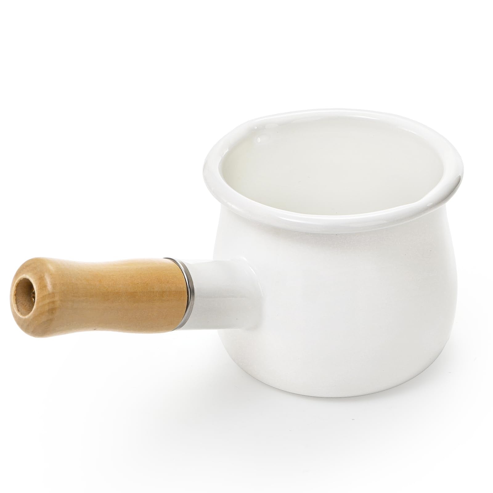 DEAYOU Enamel Milk Pot, 0.6 Quart Mini Butter Warmer Saucepan with Insulated Wooden Handle and Dual Pour Spout, Nonstick Small Soup Pot for Stove Top, Home, Kitchen, Cooking, Heating, Boiling, 18 Oz