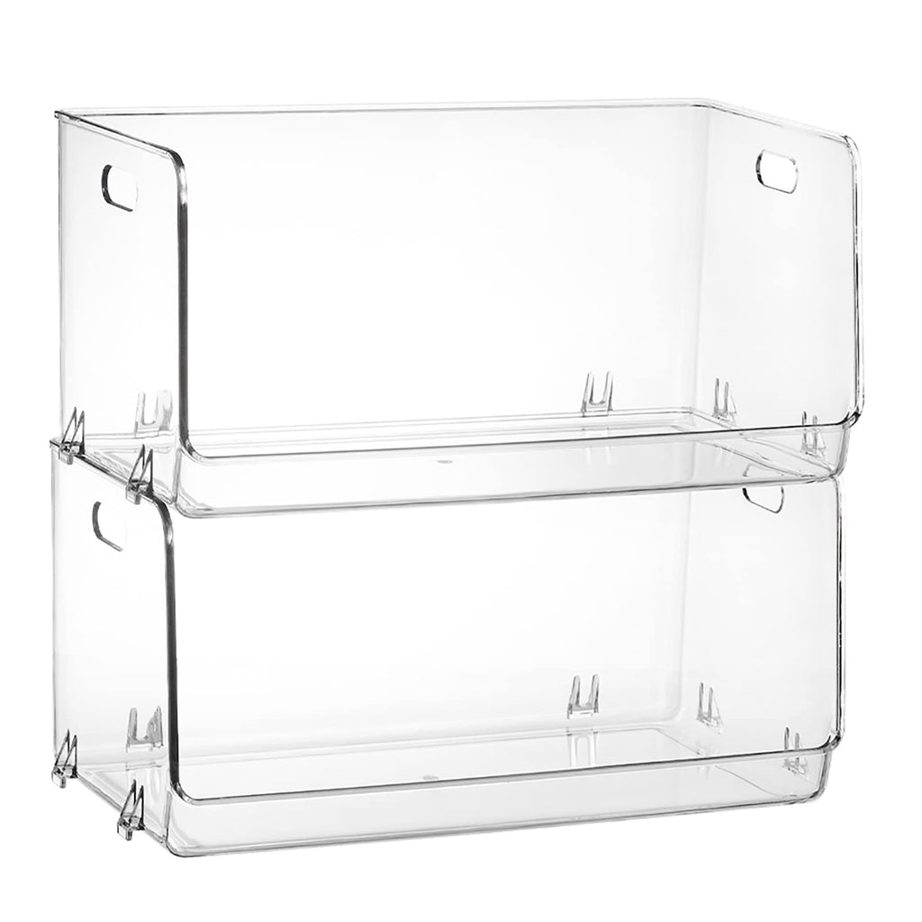 Nicunom 2 Pack Stackable Plastic Storage Bins Open Front, Clear Pantry Organizer Bin Household Food Storage Bin for Kitchen Countertops Cabinet Shelf Fridge