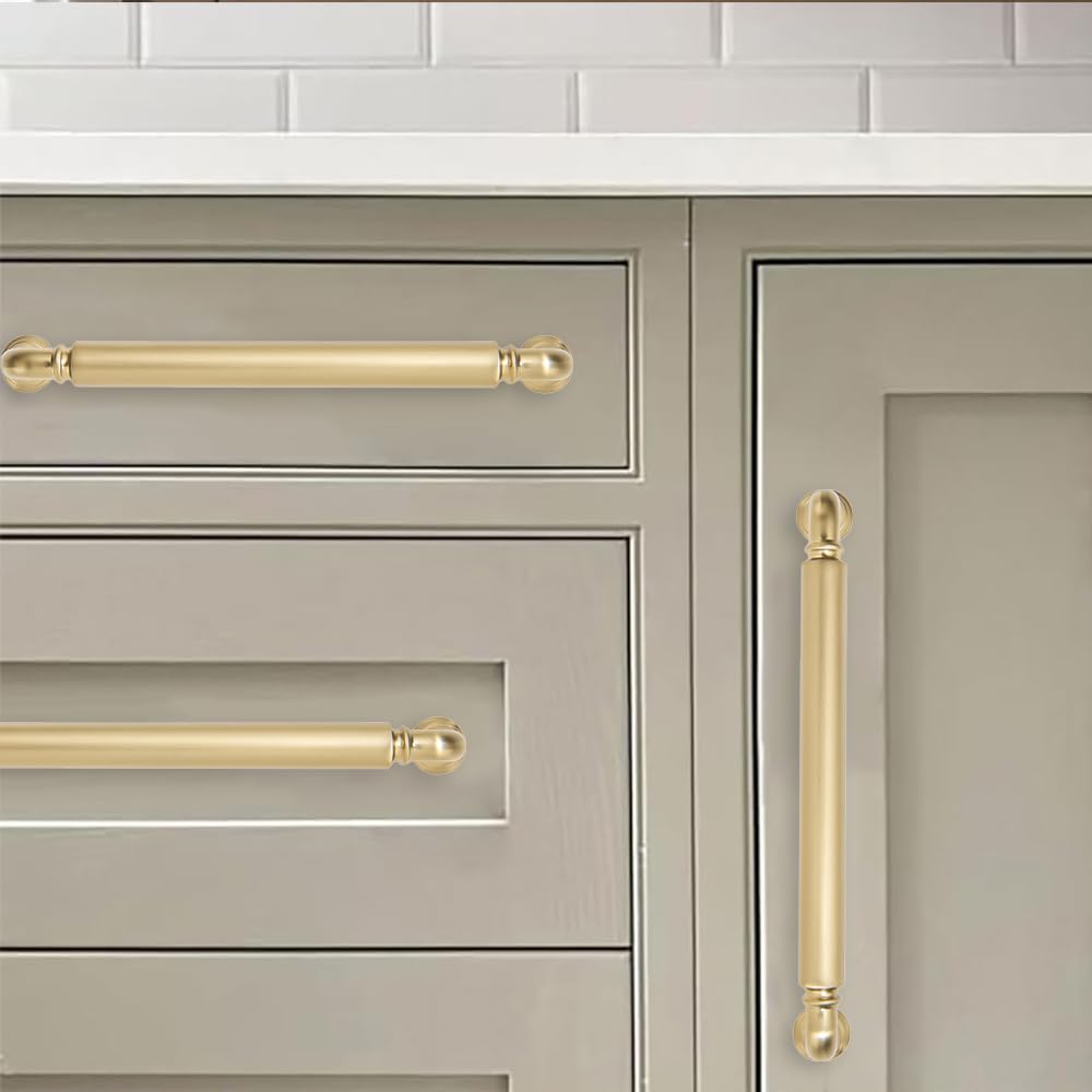 khtumeware 2-Pack Brushed Brass Heavy-Duty Solid Cabinet Pulls, 10 Inch(256mm) Hole Center, Satin Gold Drawer Pulls, Cabinet Hardware, Suitable for Kitchen Cabinets, Bathrooms and Dressers