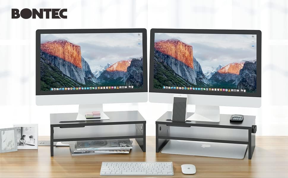 BONTEC Wood Monitor Stand Riser, Desk Monitor Stand with Smartphone Holder, Ergonomic Laptop Stand with Cable Management for Computer, Notebook, PC, 2 Tiers Black,16.5 inch