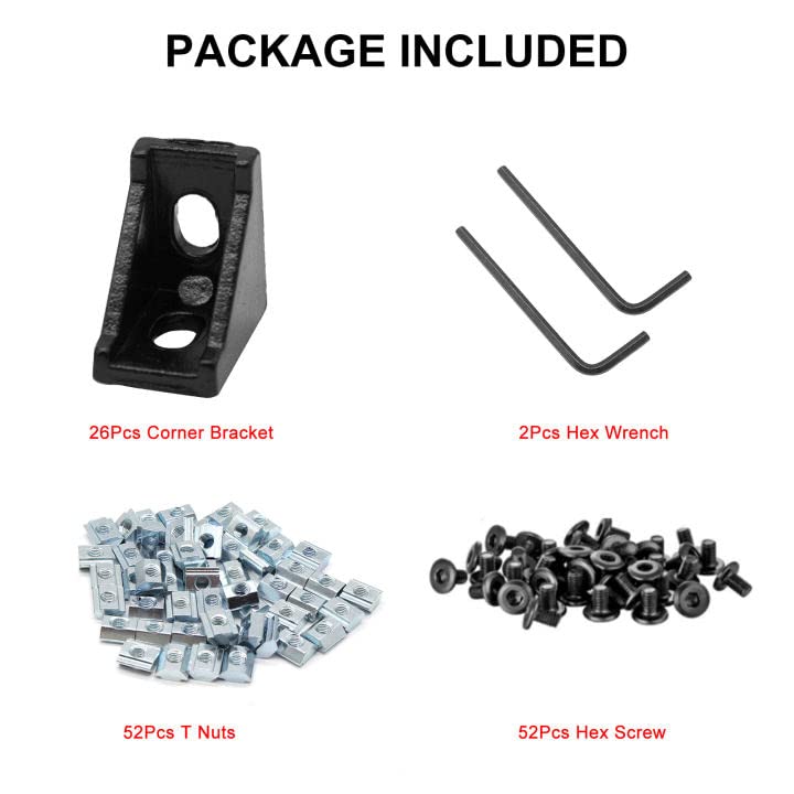 SeekLiny 26Pcs 2028 Corner Brackets Set with 52Pcs M5 T Slot Nuts, 52Pcs M5x8mm Hex Socket Cap Screw and 2Pcs M3 Wrench for 2020 Series Aluminum Extrusion Profile Black