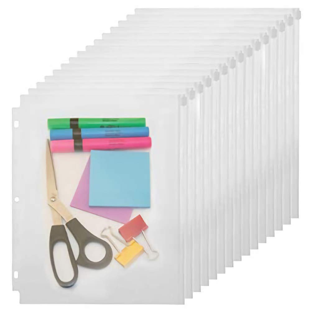 YoeeJob 3 Holes Clear PVC Zipper Binder Pocket Insert Pages Letter Size, 8 1/2" x 11 Loose Leaf Binder Filing Storage Bags 15 Per Pack