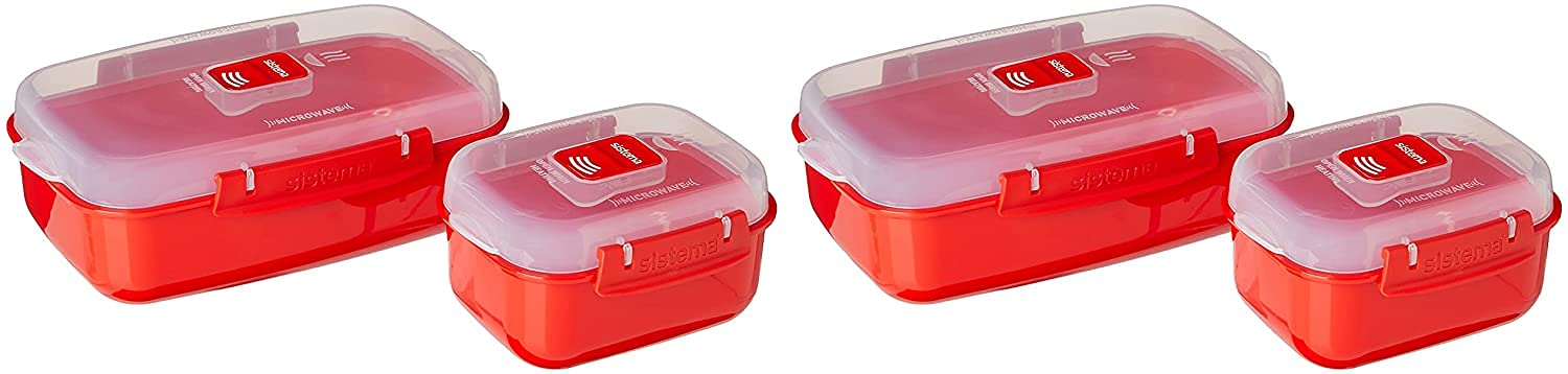 Sistema Heat and Eat Microwave Set, Locking Clips & Steam Release Vents, BPA-Free, Assorted Sizes, Red, 4 Pack (8 Pieces)
