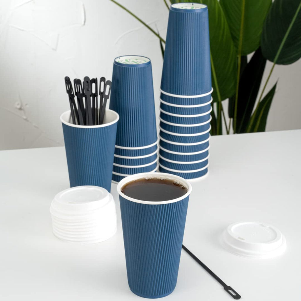 Restaurantware Ripple Wall Coffee Cups 25 Count 16 Ounce Insulated Midnight Blue Paper Cups, Rolled Rim Spill-Resistant Disposable Paper Non-Slip for Coffee, Beverages