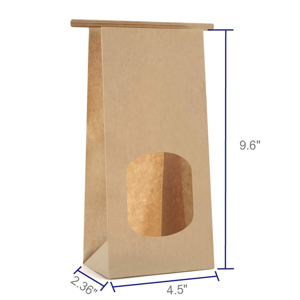 BagDream Cookie Bags 50 Pcs 4.5x2.36x9.6 Inch Brown Kraft Paper Bags with Window, Tin Tie Tab Lock, Recyclable Treat Bags for Coffee Bean, Bread, Muffin, Popcorn, Party, Wedding