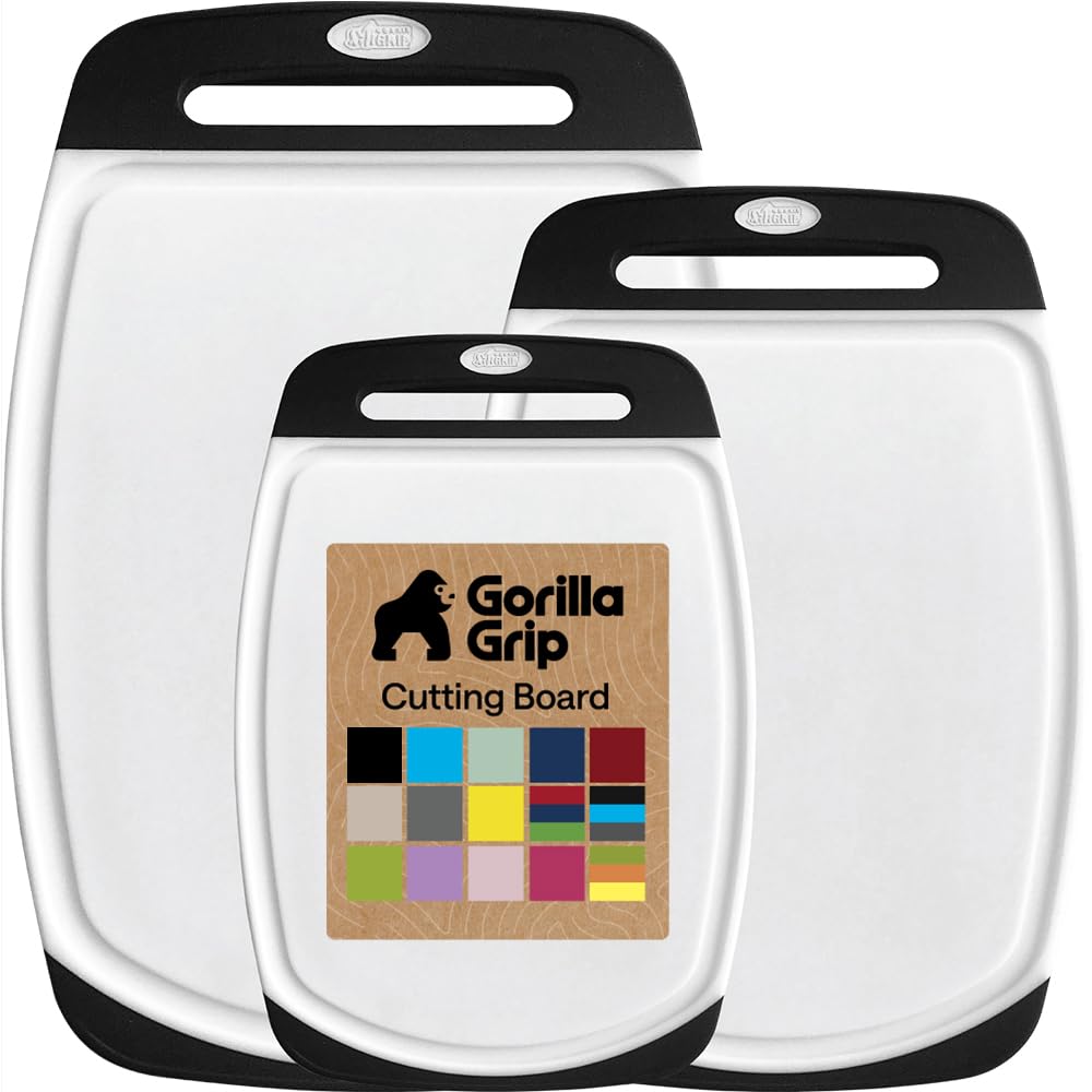GORILLA GRIP Durable Cutting Board Set of 3, Multiple Sizes, Reversible and Oversized, Easy Grip Handle, Juice Grooves, Dishwasher Safe, Large Kitchen Chopping Boards, Meat, Veggies, Black