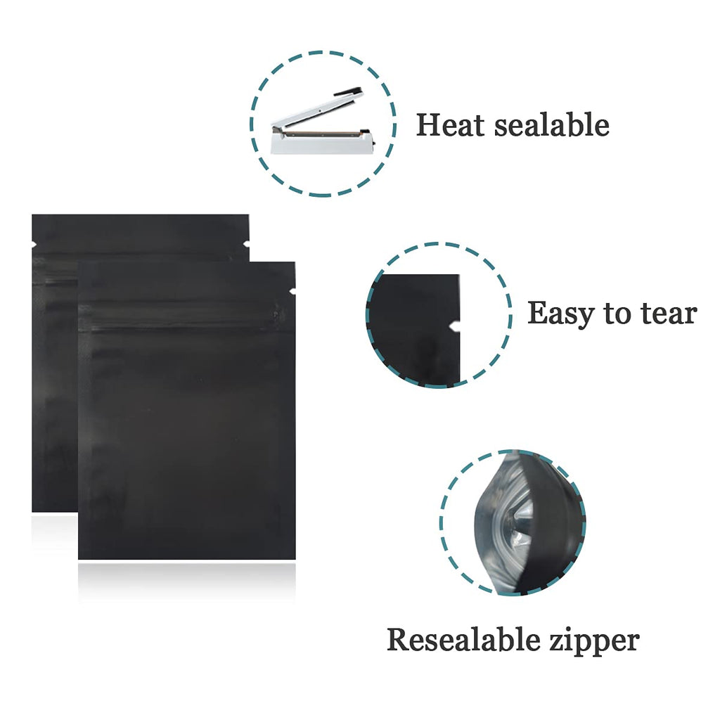 BAT Pack 100Pcs Matte Aluminum Foil Zipper Lock Resealable for Zip with Lock Seal Mylar Pouch Self Seal Storage Package Bags for Food (Matte Black, 3.94x5.9inch(10x15cm))