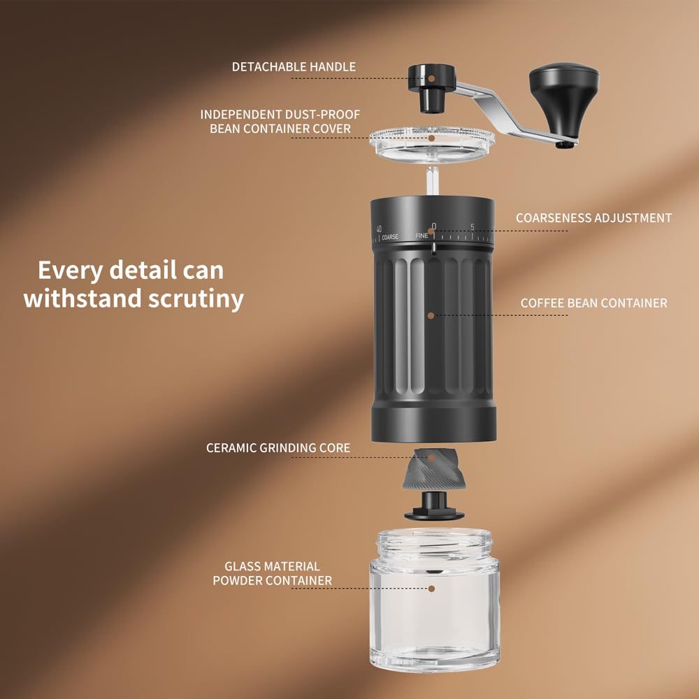 KharWette Portable Manual Coffee Grinder Conical Burr for Espresso French Press Pour Over Double Bearing Externally Adjustable Ceramic Burrs Capacity 25g