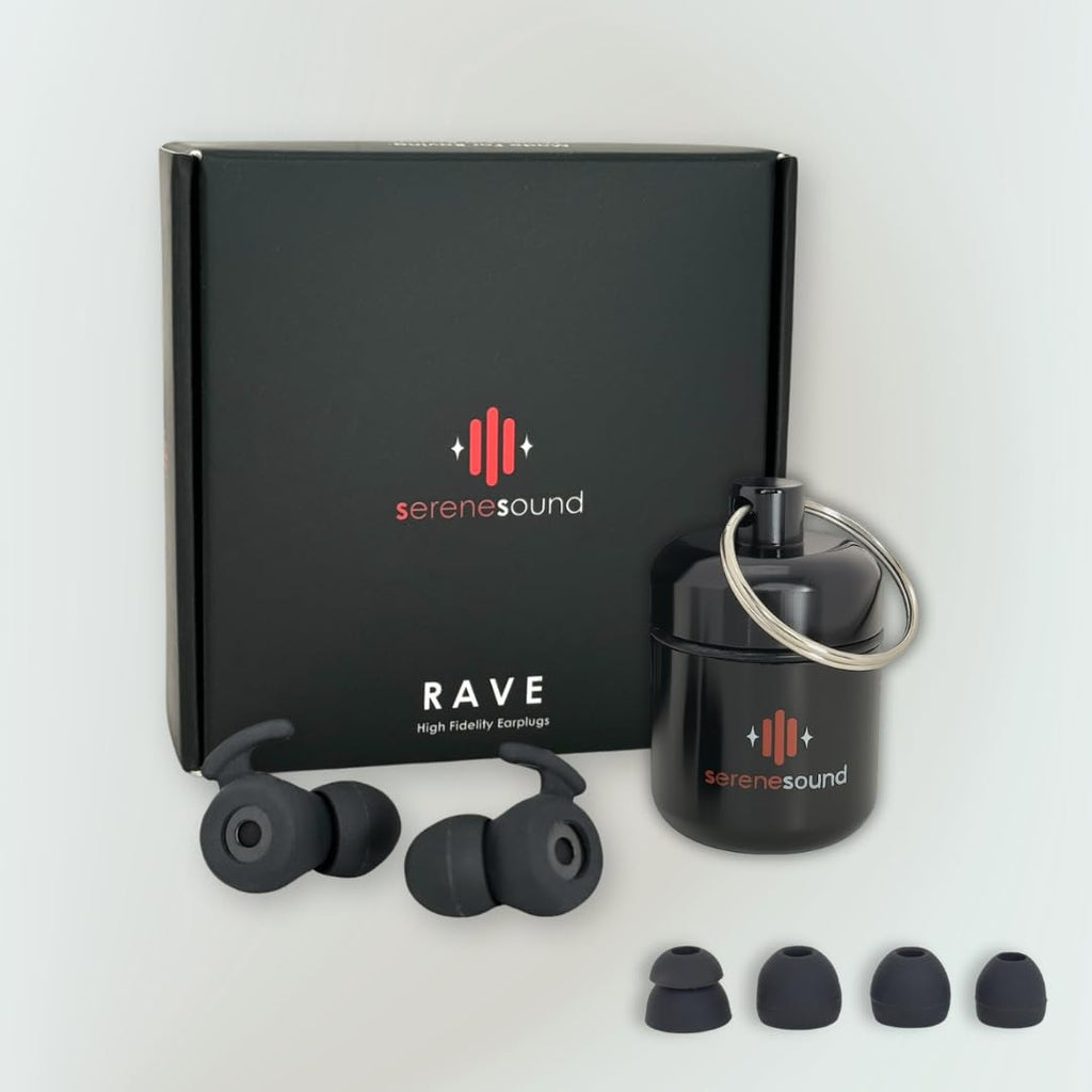 serenesound RAVE High Fidelity Earplugs Made for Raving – Premium Noise Reduction for EDM Festivals, Raves, Concerts, Nightclubs and More (Black)