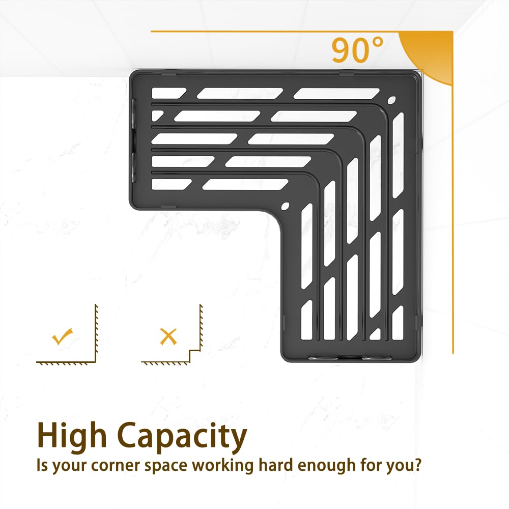 Gabeeriso Shower Caddy Corner, Bathroom Organizers Soap Holder Shower Shelves 2-in-1, Bathroom Shelves with 18 Hooks, Rust-Resistant Adhesive Shower Shelf No Drilling. (L-Shaped Black 3-Pack)
