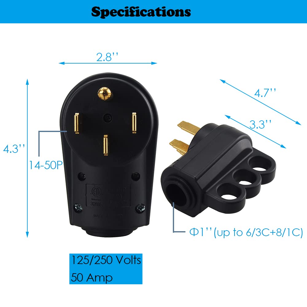 Veepeak 50 Amp RV Plug Male Replacement NEMA 14-50P Heavy Duty 125V/250V 4 Prong Electrical Power Connector Extension Cord End with Easy to Grip Handle