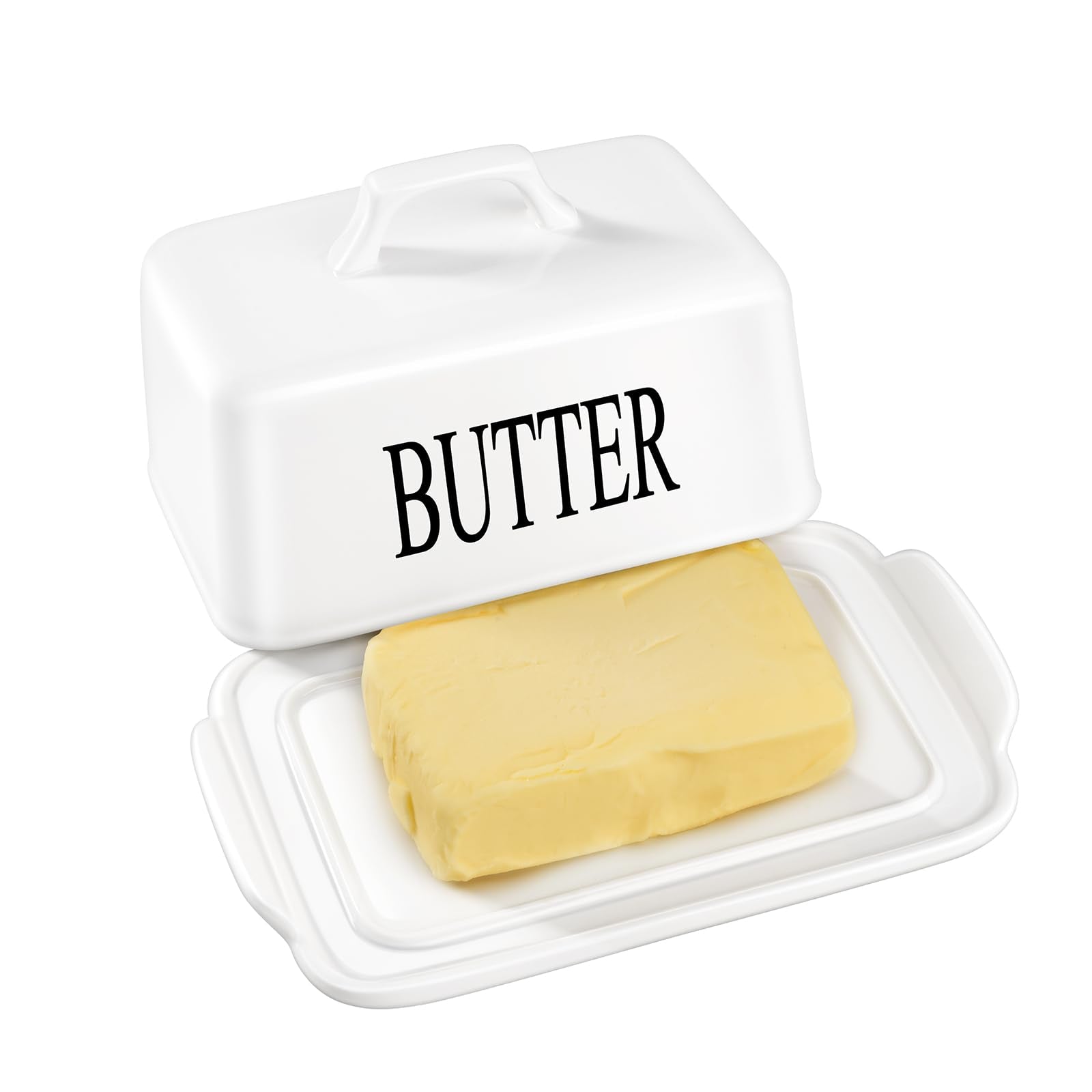 KAIBARE Large Butter Dish for Canadian 1 LB of Butter, Porcelain Butter Keeper with Handle Lid Fit a Whole Pound Block of Butter, Ceramic Butter Storage for Countertop, Butter Container, Color: White