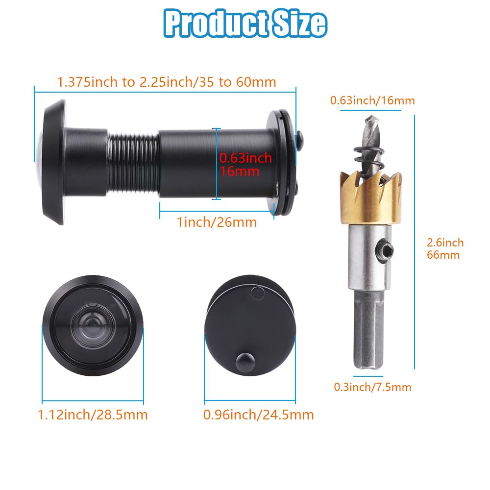 Tahikem Door Viewer Peephole, Door Viewers with 0.63inch/16mm Drill Bit Kit, Fits 1-1/2" to 2-3/8" Front Door, 200 Degree Wide Angle Peep Eye Hole, Anti Peeping Reverse Privacy Covers - Matte Black