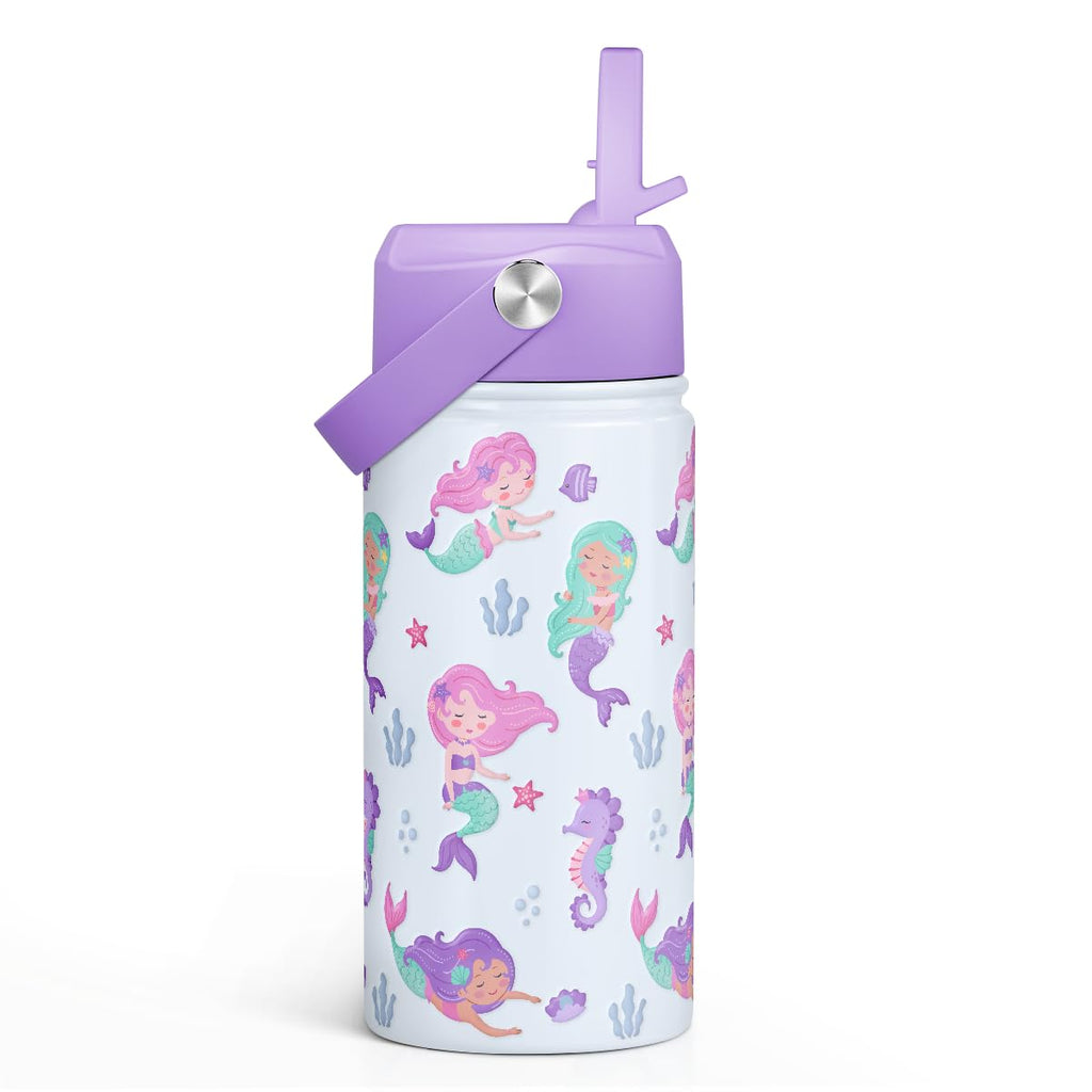 Mermaid Kids Water Bottle With Straw Lid 12oz Insulated Stainless Steel, Travel Tumbler, Gifts For Girls, Birthday, Christmas, Back To School