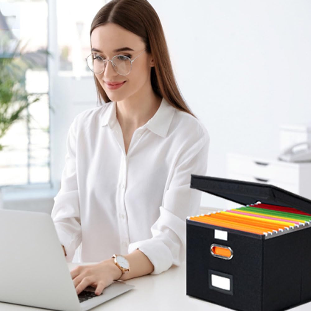 Portable File Organizer Box with Lid,File Management Box,Foldable Linen Hanging File Storage Box With Plastic Slide Rail,Durable Office/Home/School Box,Filling System for Folders Storage