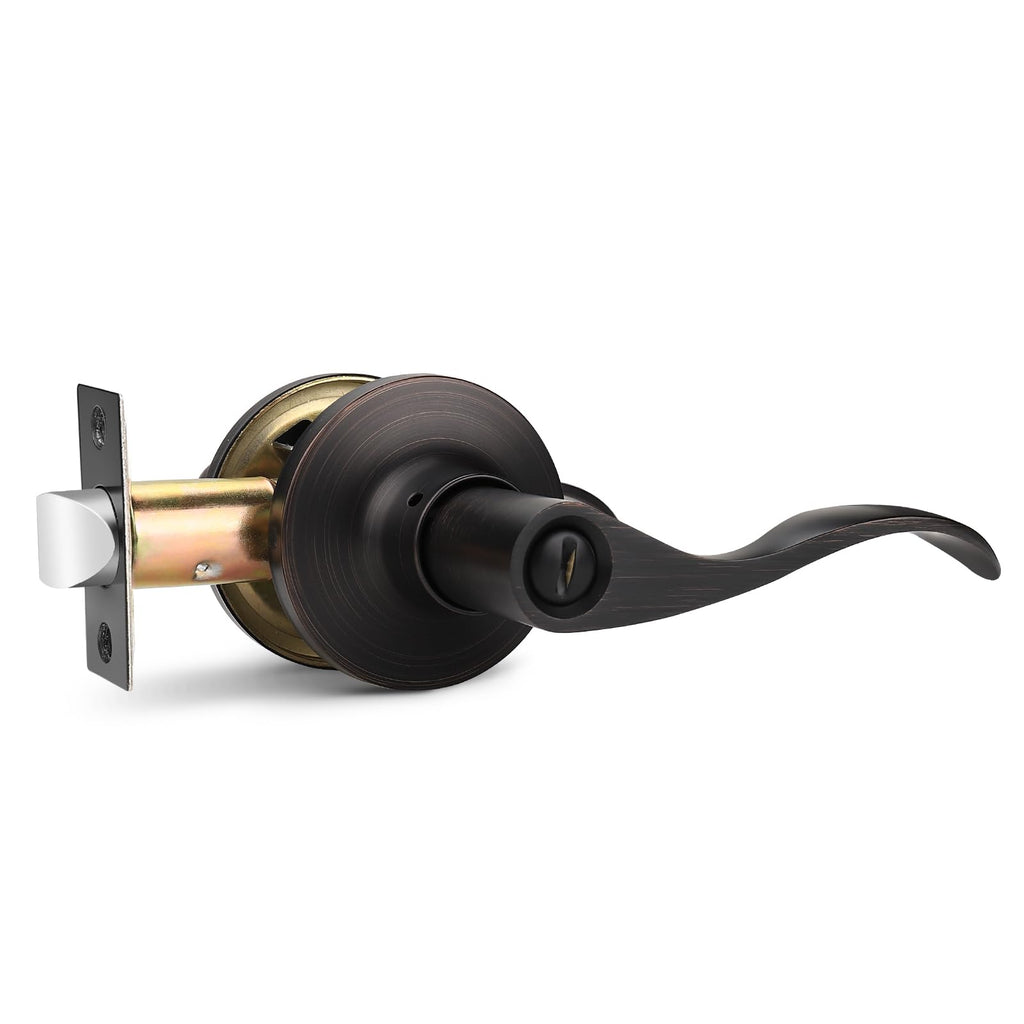 GOBEKOR 1 Pack Oil Rubbed Bronze Privacy Door Lever Wave Style, Keyless Stainless Steel Door Handle Interior Use, Bath/Bed Door Lock (Thumb Turn, No Key),Reversible for Right or Left Side