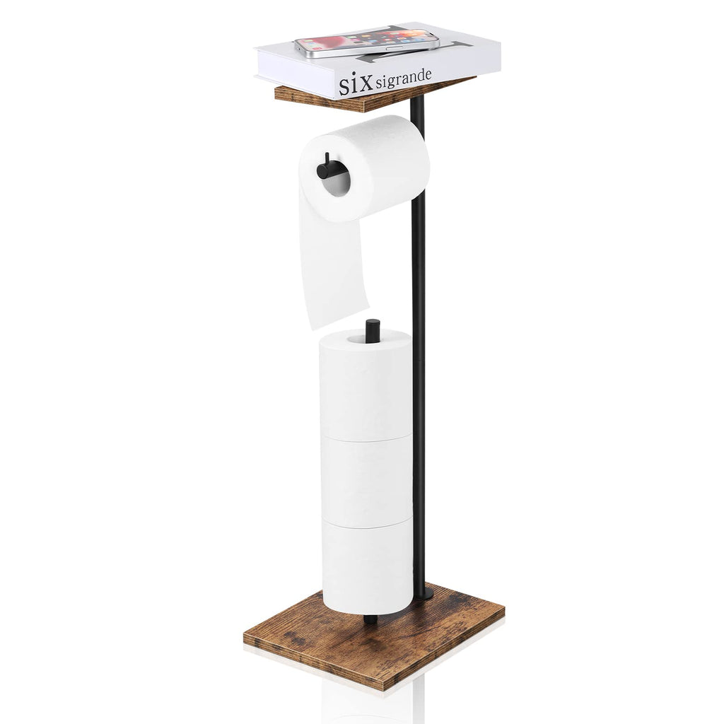 Toilet Paper Holder Stand Toilet Paper Roll Holder with Shelf Free Standing Toilet Tissue Holder Black Toilet Paper Storage Holder with Reserve for for Bathroom Holds Wipe, Mobile Phone, Mega Rolls