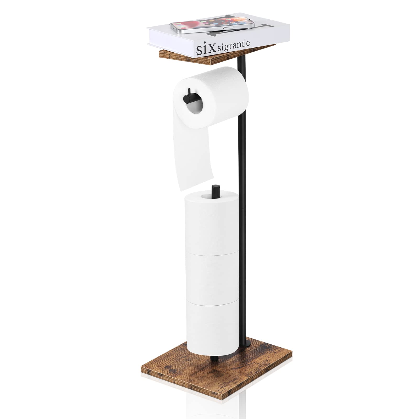 Toilet Paper Holder Stand Toilet Paper Roll Holder with Shelf Free Standing Toilet Tissue Holder Black Toilet Paper Storage Holder with Reserve for for Bathroom Holds Wipe, Mobile Phone, Mega Rolls