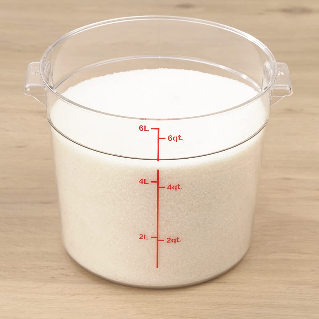 Restaurantware-Met Lux 6 Quart Food Storage Container, 1 Round Commercial Storage Container - Lid Sold Separately, with Volume Markers, Clear Plastic Food Prep Bucket, Space-Saving Storage