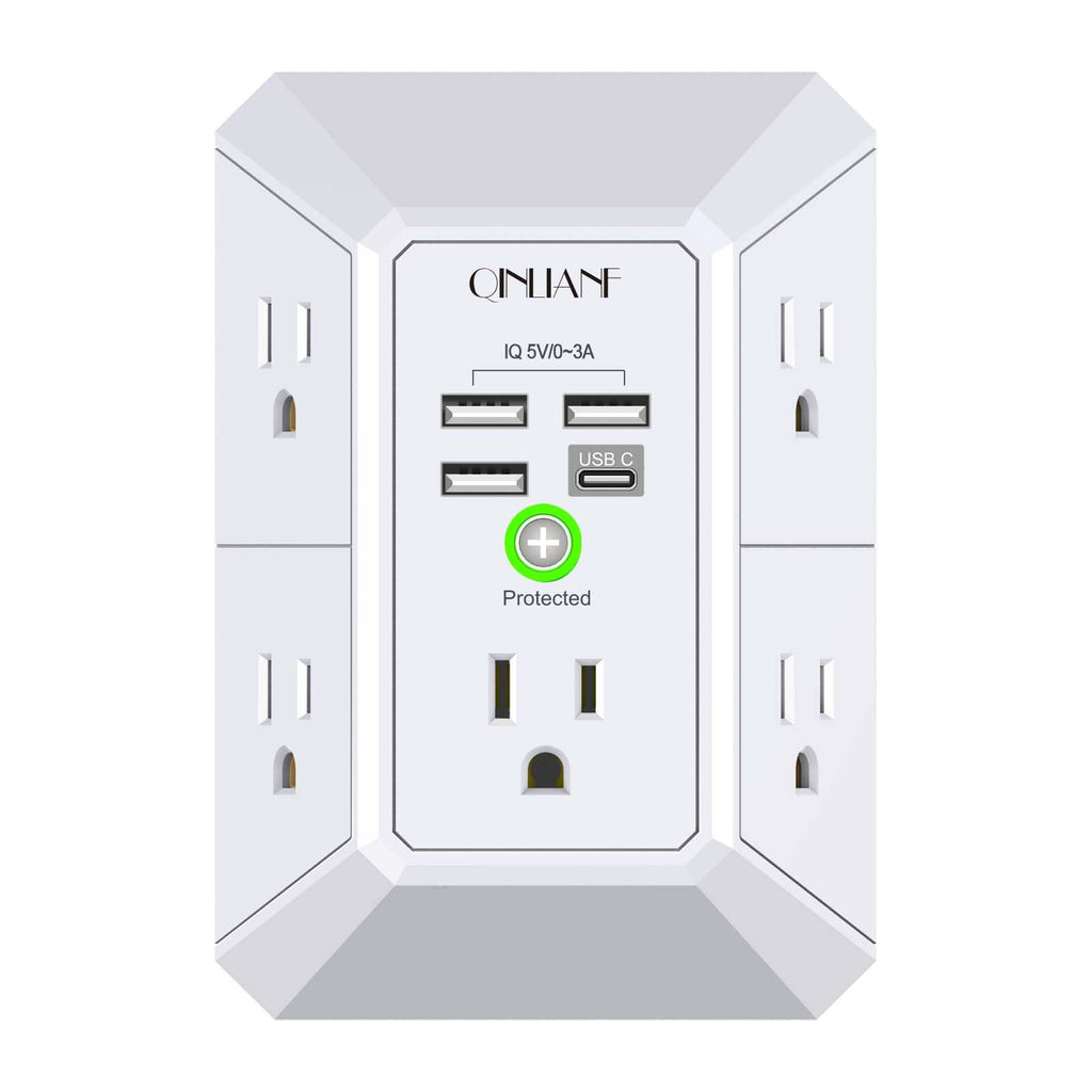Wall Charger, Surge Protector, QINLIANF 5 Outlet Extender with 4 USB Charging Ports (4.8A Total) 3-Sided 1680J Power Strip Multi Plug Adapter Spaced for Home Travel Office (3U1C)
